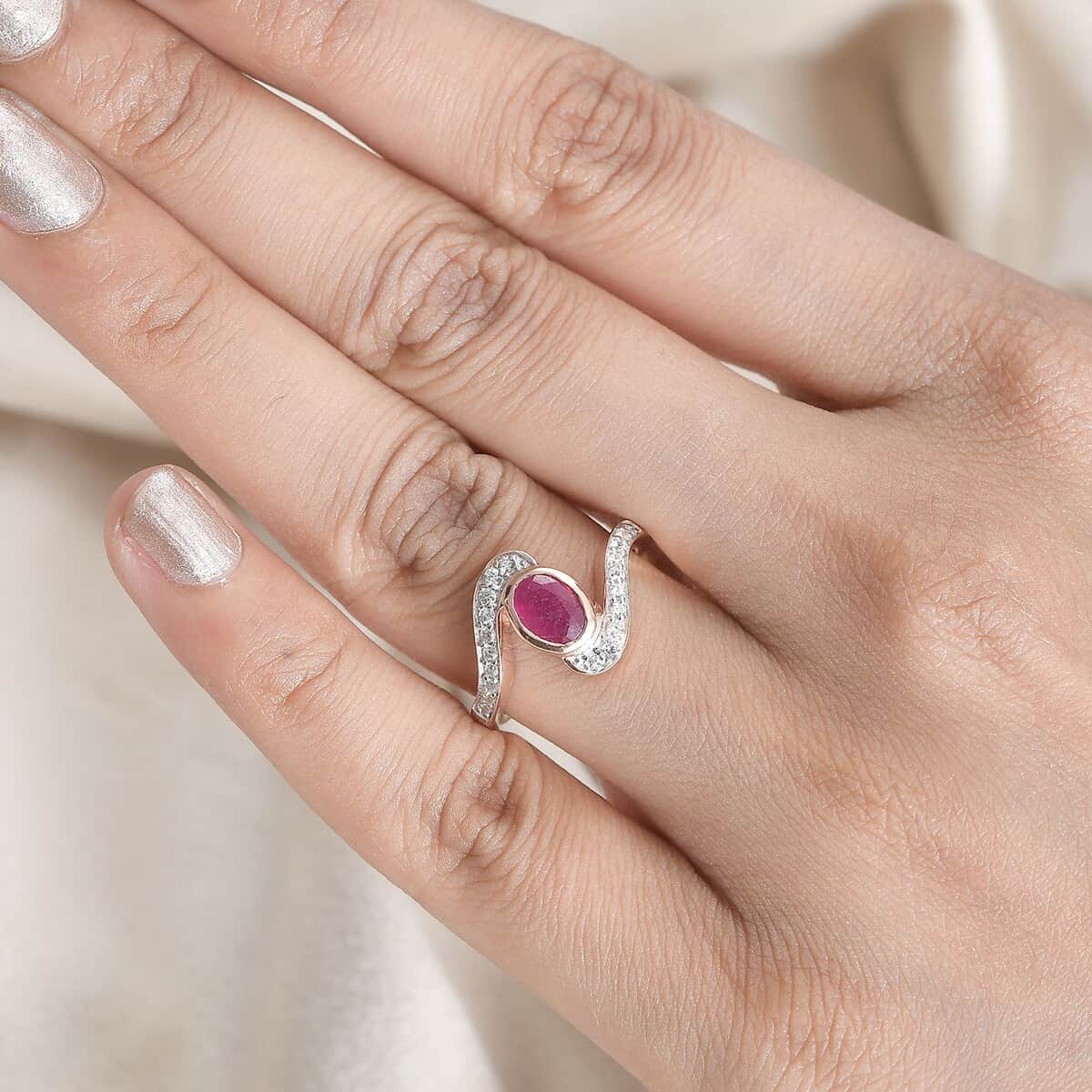Niassa Ruby (FF) and White Zircon Ring in Vermeil Rose Gold Over Sterling Silver (Size 6.0) 1.60 ctw image number 2