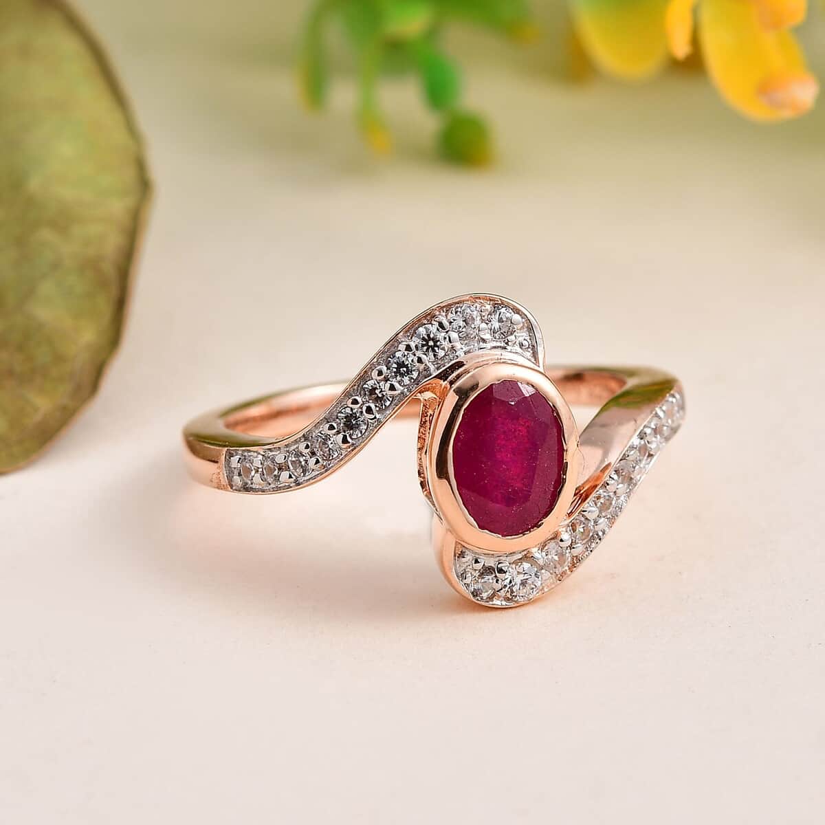 Niassa Ruby (FF) and White Zircon Ring in Vermeil Rose Gold Over Sterling Silver (Size 7.0) 1.60 ctw image number 1