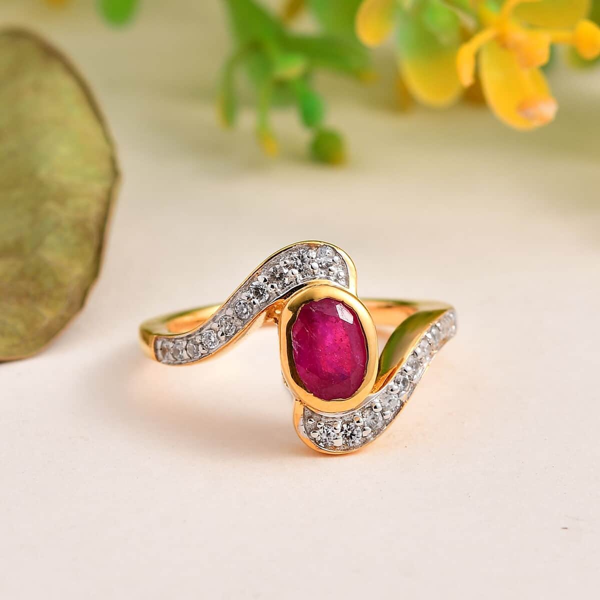 Niassa Ruby (FF) and White Zircon Ring in Vermeil Yellow Gold Over Sterling Silver (Size 6.0) 1.60 ctw image number 1