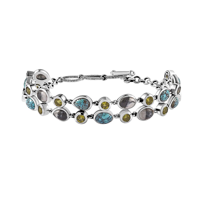 Artisan Crafted White Buffalo, Blue Moon Turquoise and Arizona Peridot Bracelet in Sterling Silver (6.50-8.0In) 15.00 ctw