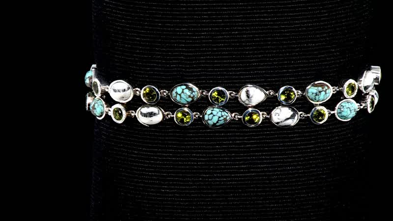 Artisan Crafted White Buffalo, Blue Moon Turquoise and Arizona Peridot Bracelet in Sterling Silver (6.50-8.0In) 15.00 ctw
