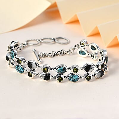 Artisan Crafted White Buffalo, Blue Moon Turquoise and Arizona Peridot Bracelet in Sterling Silver (6.50-8.0In) 15.00 ctw
