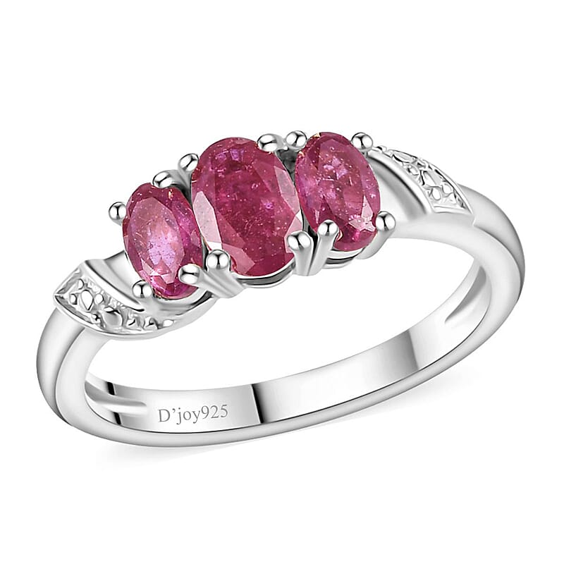 Niassa Ruby (FF) 3 Stone Ring in Platinum Over Sterling Silver (Size 5.0) 1.15 ctw