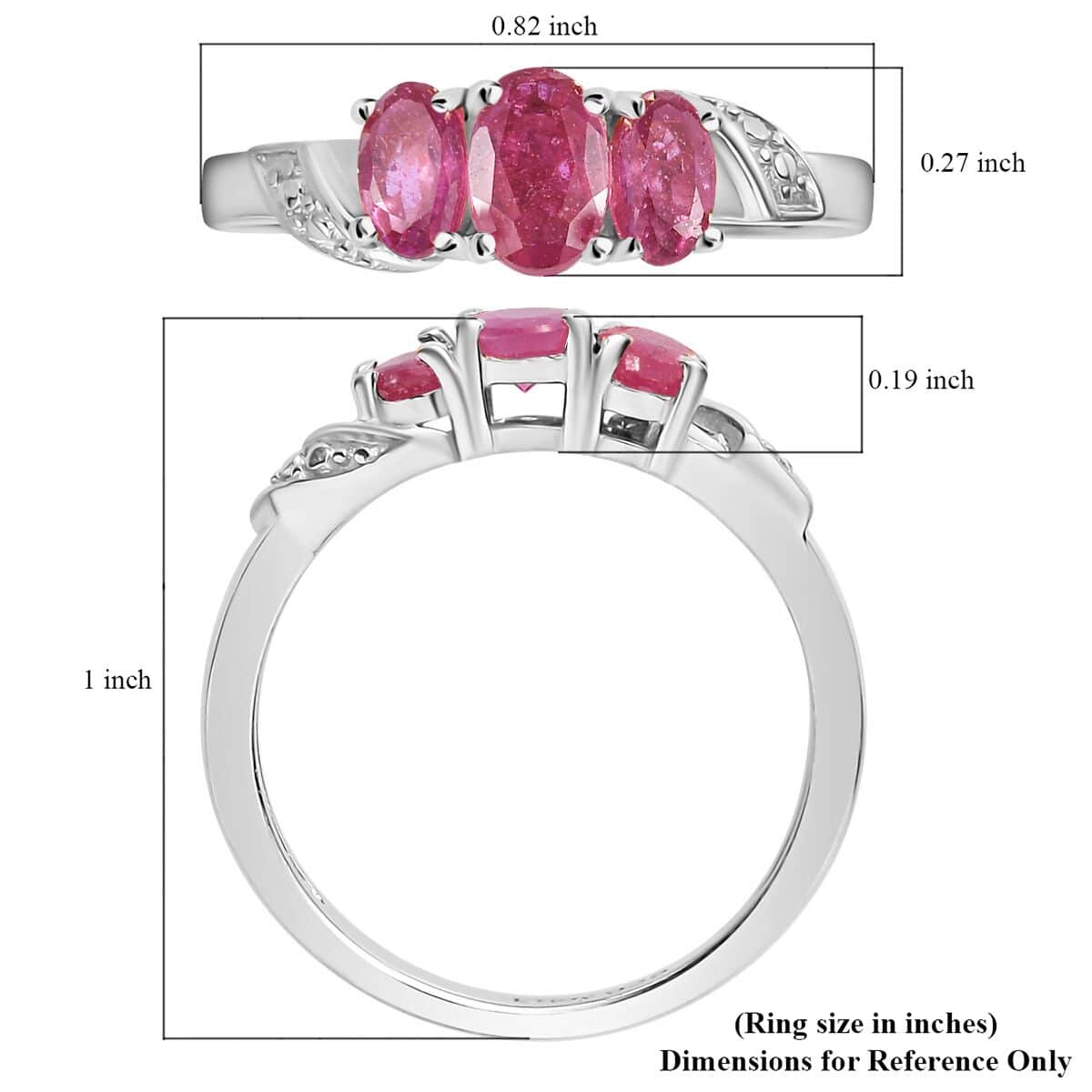 Niassa Ruby (FF) 3 Stone Ring in Platinum Over Sterling Silver (Size 5.0) 1.15 ctw image number 5