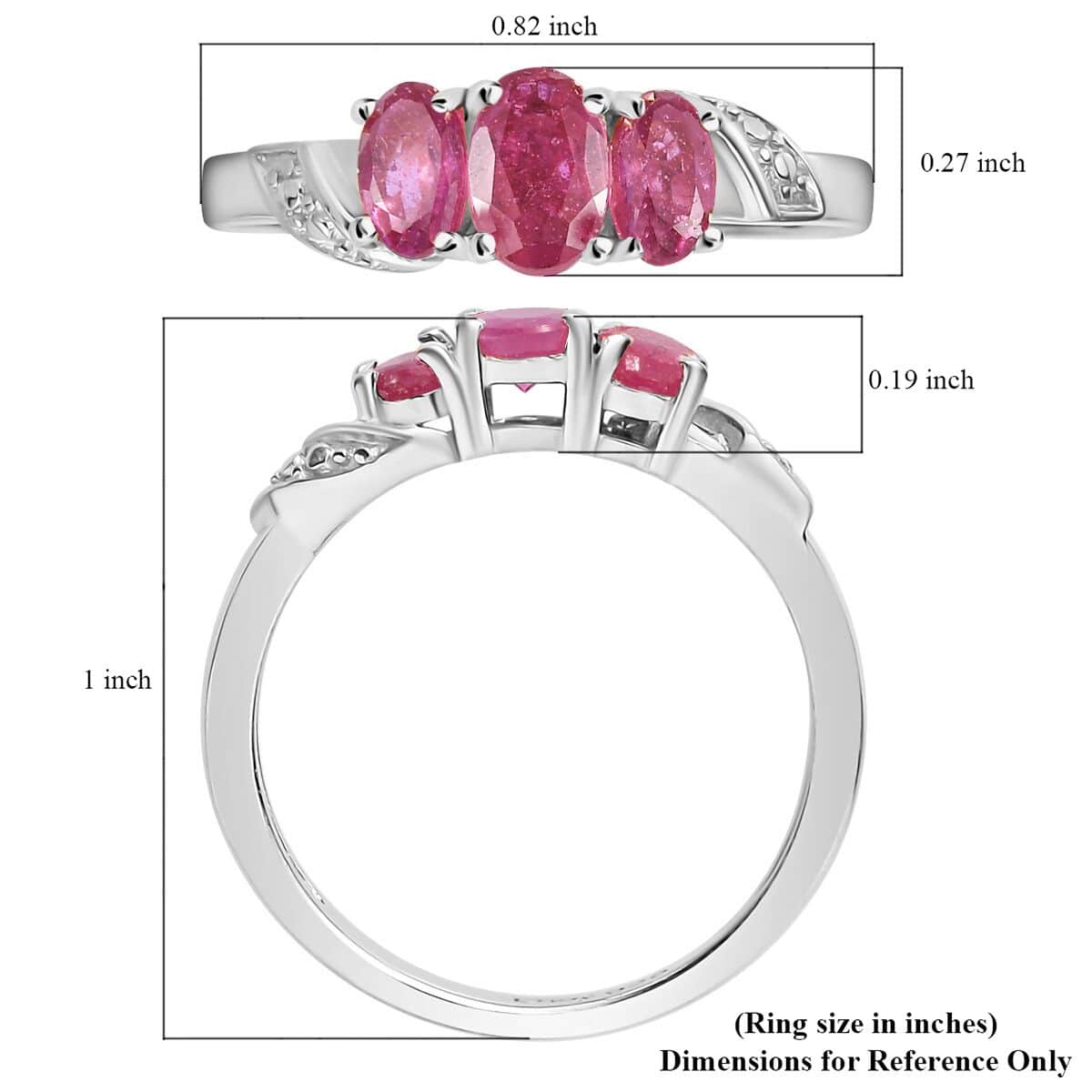 Niassa Ruby (FF) 3 Stone Ring in Platinum Over Sterling Silver (Size 7.0) 1.15 ctw image number 5