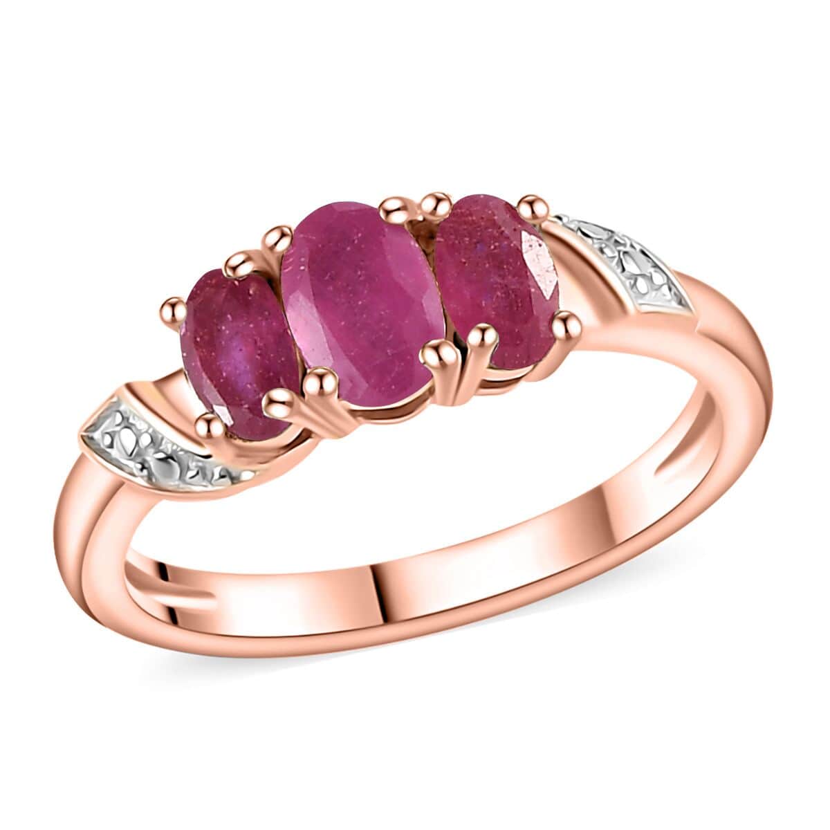 Niassa Ruby (FF) 3 Stone Ring in Vermeil Rose Gold Over Sterling Silver (Size 6.0) 1.15 ctw image number 0