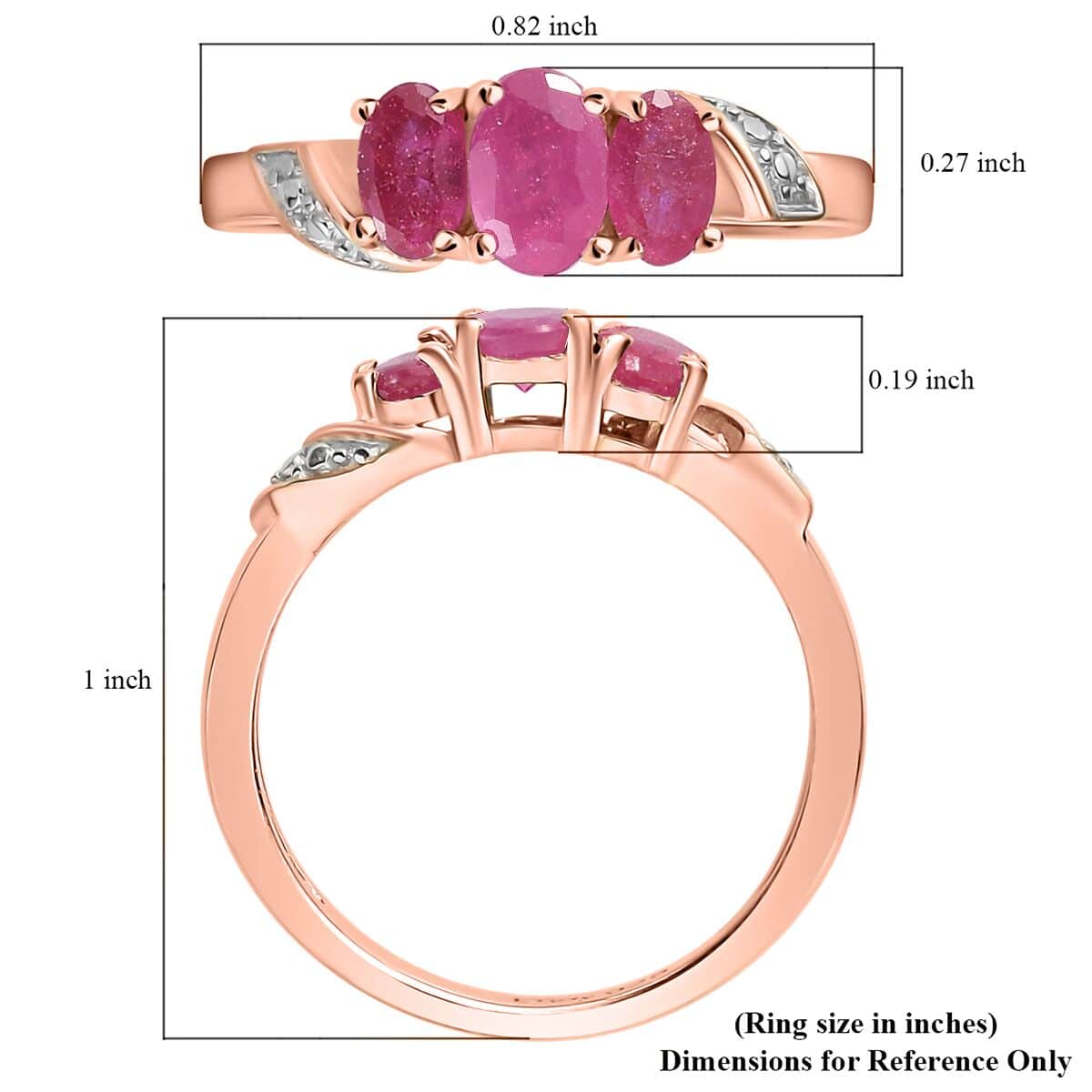 Niassa Ruby (FF) 3 Stone Ring in Vermeil Rose Gold Over Sterling Silver (Size 6.0) 1.15 ctw image number 5