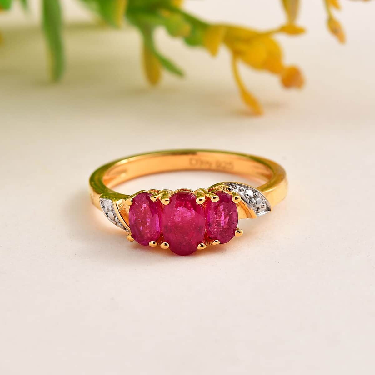 Niassa Ruby (FF) 3 Stone Ring in Vermeil Yellow Gold Over Sterling Silver (Size 6.0) 1.15 ctw image number 1