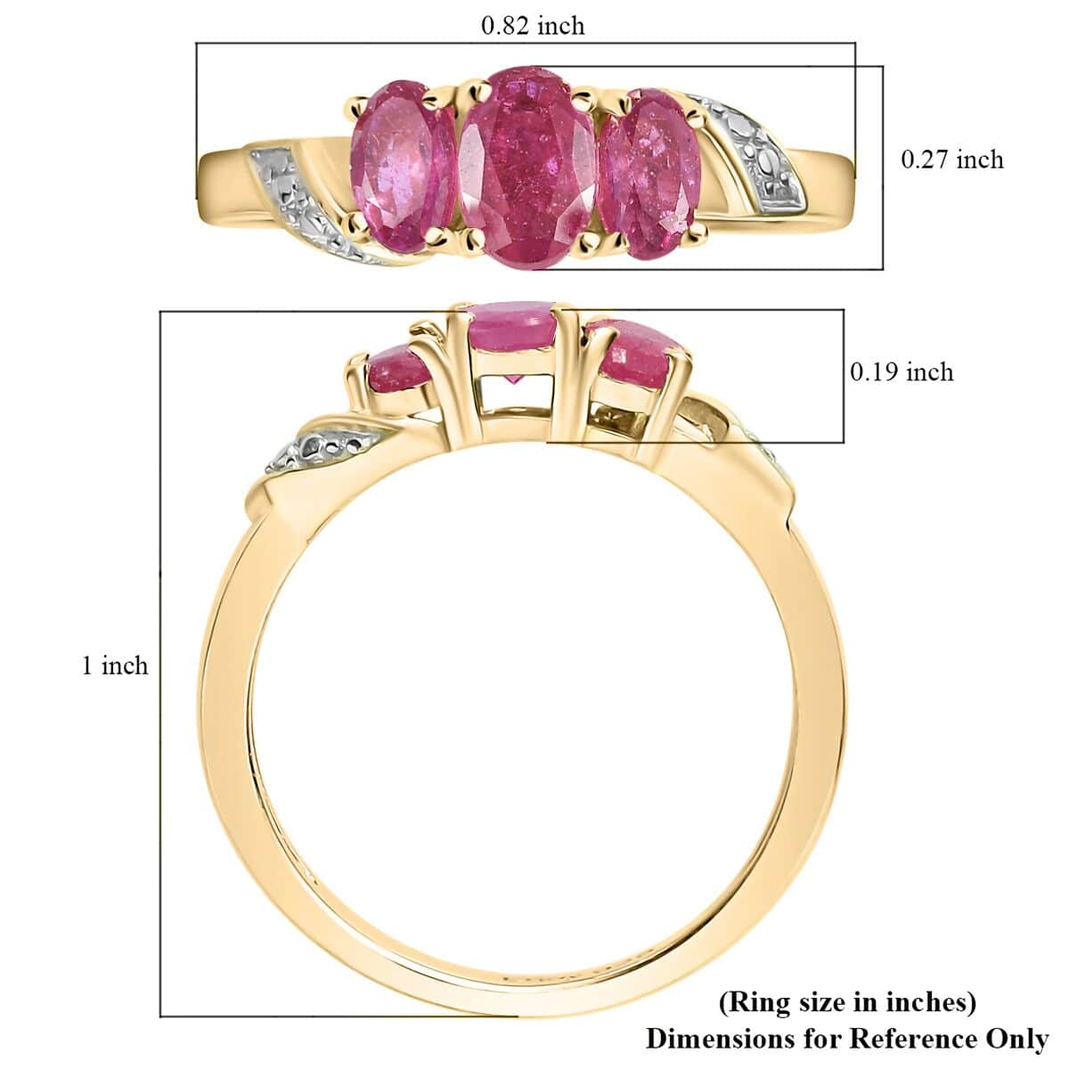 Niassa Ruby (FF) 3 Stone Ring in Vermeil Yellow Gold Over Sterling Silver (Size 6.0) 1.15 ctw image number 5
