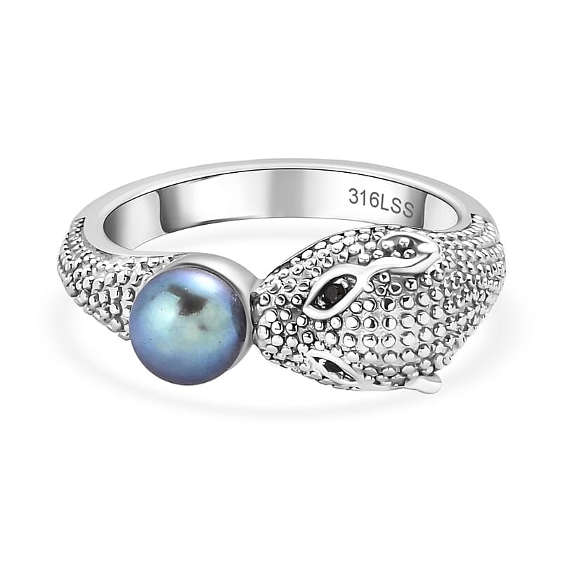 Freshwater Peacock Pearl and Thai Black Spinel 1.07 ctw Fancy Ring in Stainless Steel (Size 9)