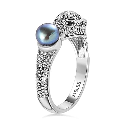 Freshwater Peacock Pearl and Thai Black Spinel 1.07 ctw Fancy Ring in Stainless Steel (Size 9)