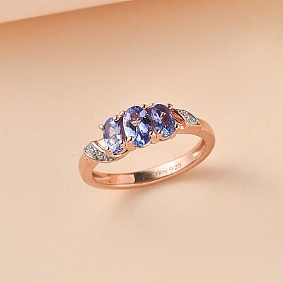 Tanzanite 3 Stone Ring in Vermeil Rose Gold Over Sterling Silver (Size 6.0) 1.00 ctw
