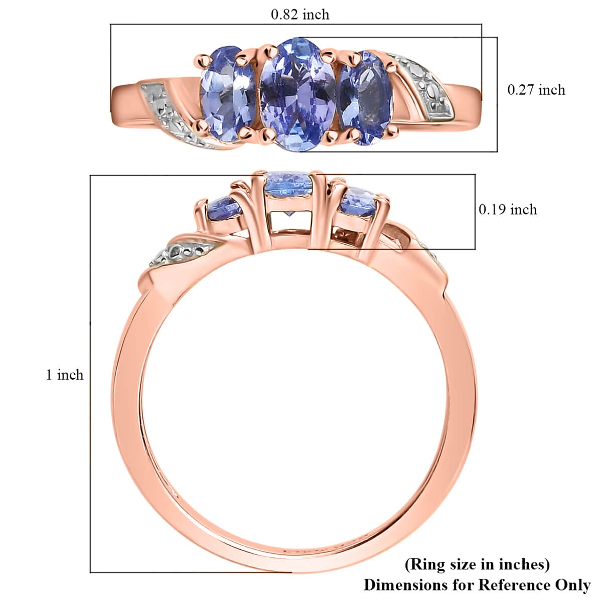 Tanzanite 3 Stone Ring in Vermeil Rose Gold Over Sterling Silver (Size 7.0) 1.00 ctw image number 5