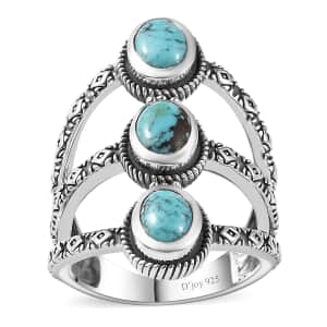 Artisan Crafted Blue Moon Turquoise 3 Stone Ring in Sterling Silver (Size 10.0) 2.15 ctw