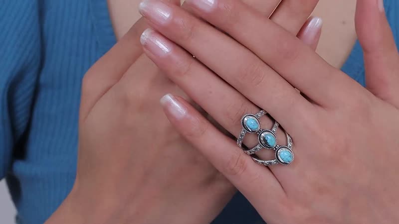 Artisan Crafted Premium Blue Moon Turquoise 3 Stone Ring in Black Oxidized Sterling Silver (Size 10.0) 2.15 ctw