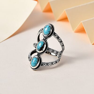 Artisan Crafted Blue Moon Turquoise 3 Stone Ring in Sterling Silver (Size 10.0) 2.15 ctw