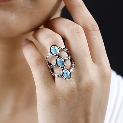 Artisan Crafted Blue Moon Turquoise 3 Stone Ring in Sterling Silver (Size 10.0) 2.15 ctw