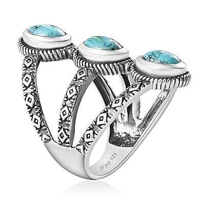 Artisan Crafted Blue Moon Turquoise 3 Stone Ring in Sterling Silver (Size 10.0) 2.15 ctw