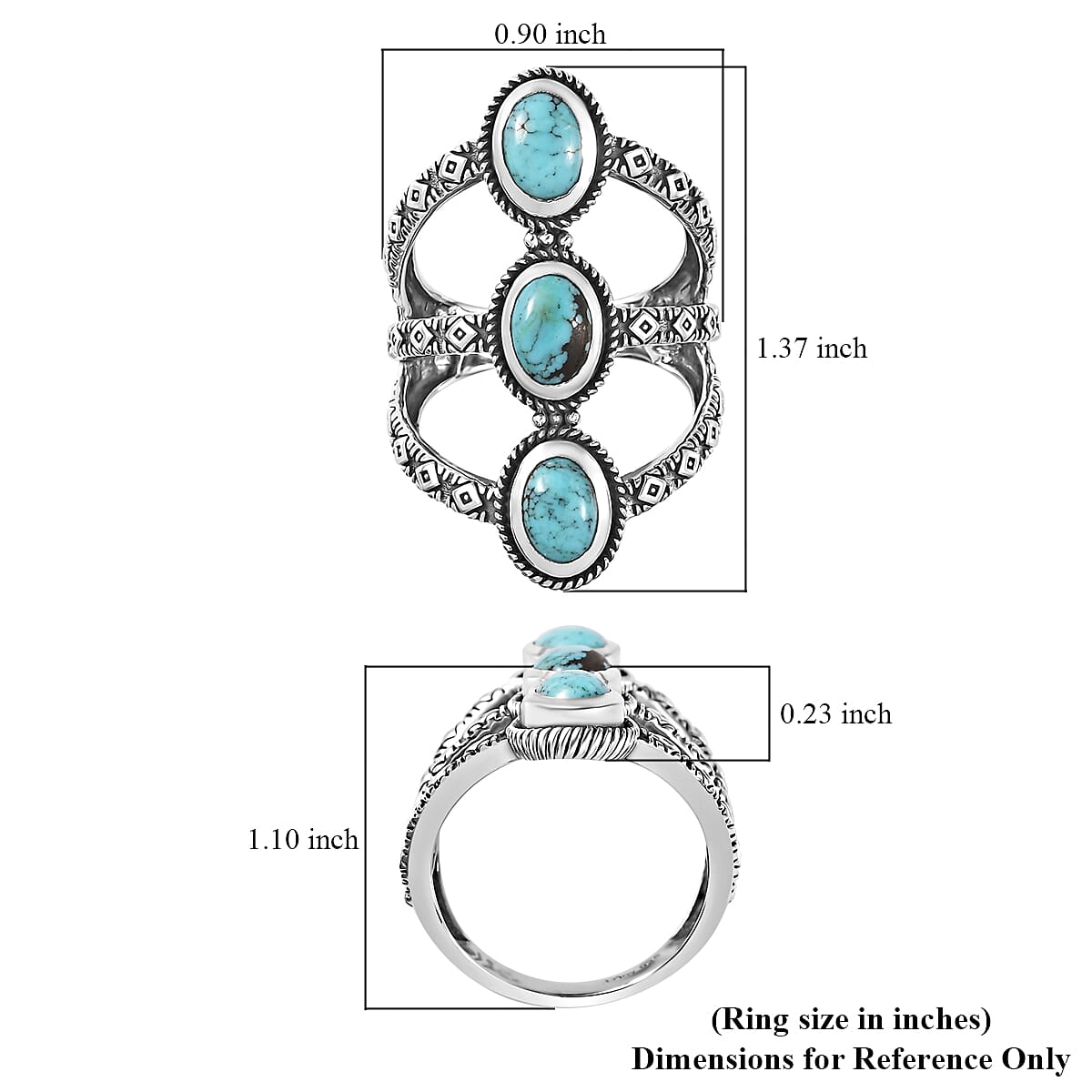 Artisan Crafted Blue Moon Turquoise 3 Stone Ring in Sterling Silver (Size 10.0) 2.15 ctw