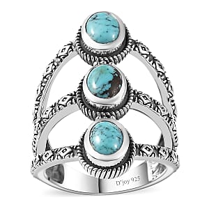 Artisan Crafted Blue Moon Turquoise 3 Stone Ring in Sterling Silver (Size 8.0) 2.15 ctw