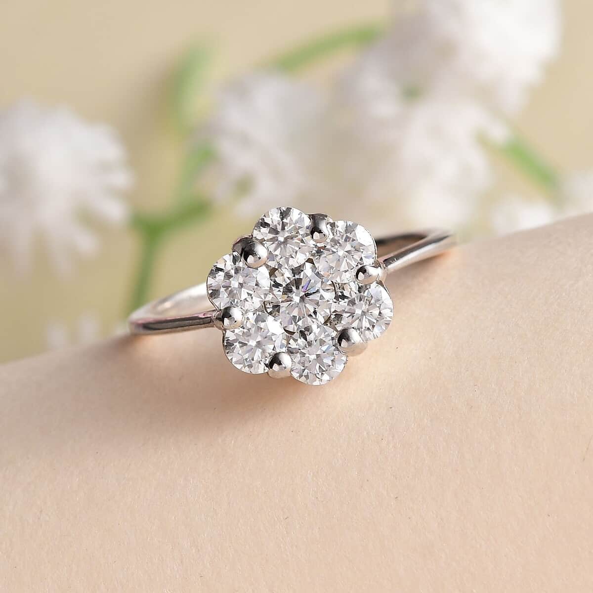 Moissanite Floral Ring in Platinum Over Sterling Silver (Size 5.0) 1.15 ctw image number 1