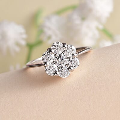 Moissanite Floral Ring in Platinum Over Sterling Silver (Size 5.0) 1.15 ctw