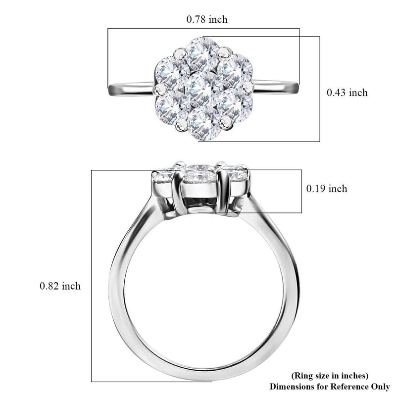 Moissanite Floral Ring in Platinum Over Sterling Silver (Size 5.0) 1.15 ctw