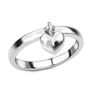 Mother’s Day Gift Platinum Over Sterling Silver Heart Charm Band Ring (Size 5.0) 1.70 Grams