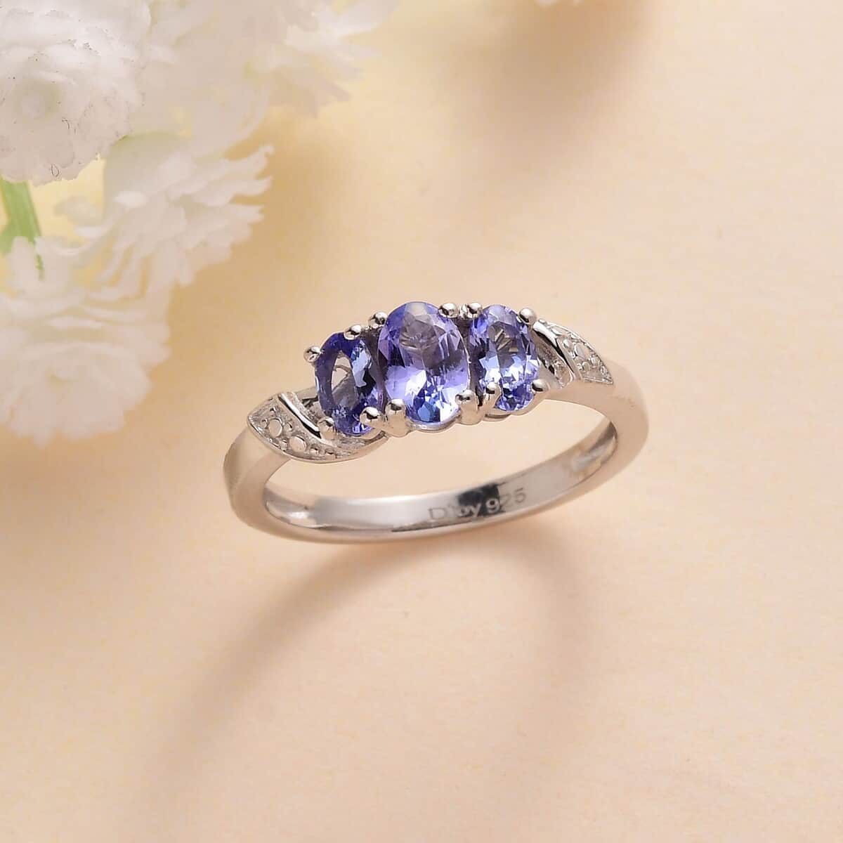 Tanzanite 3 Stone Ring in Platinum Over Sterling Silver (Size 6.0) 1.00 ctw image number 1