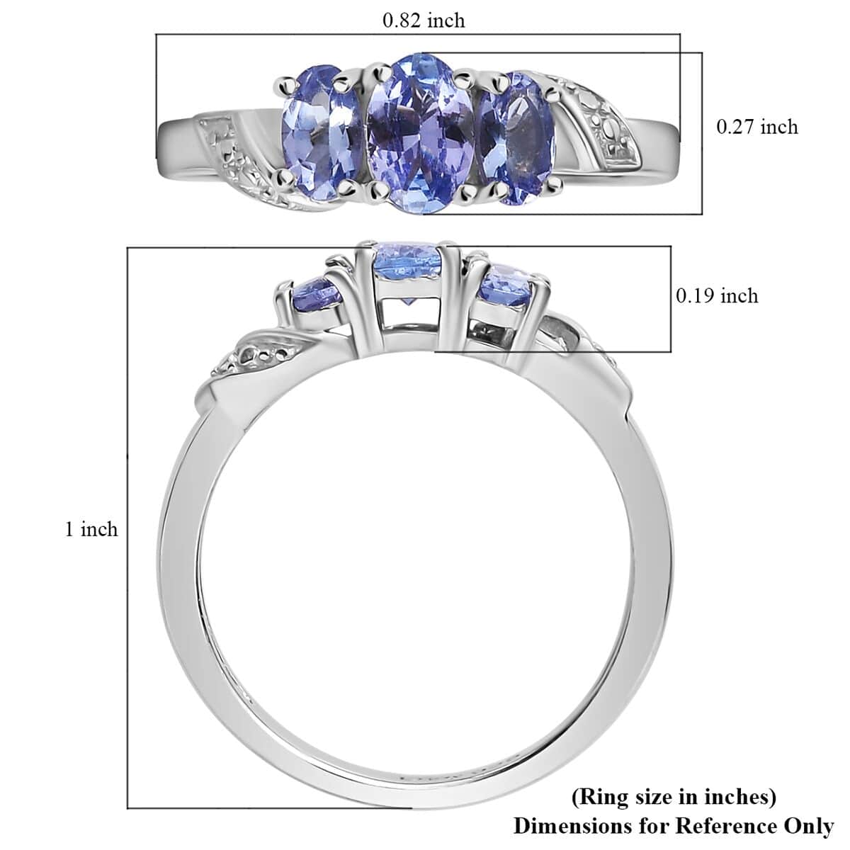 Tanzanite 3 Stone Ring in Platinum Over Sterling Silver (Size 8.0) 1.00 ctw image number 5