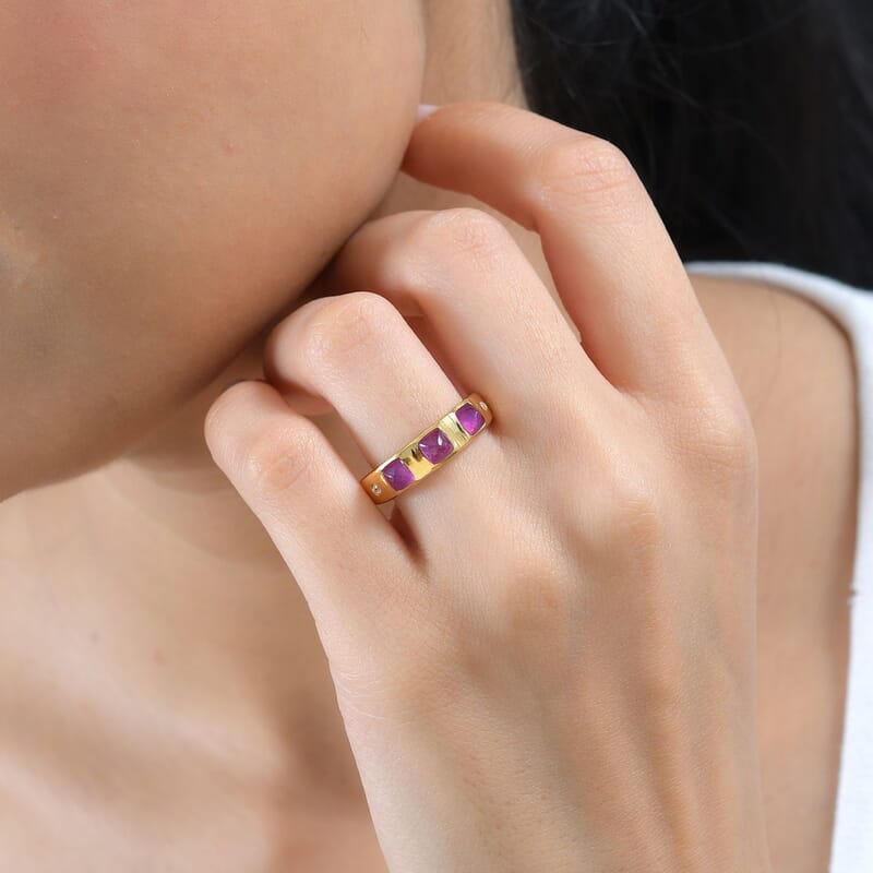 Ilakaka Hot Pink Sapphire (FF) and White Zircon 2.04 ctw Band Ring in Vermeil Yellow Gold Over Sterling Silver (Size 10)