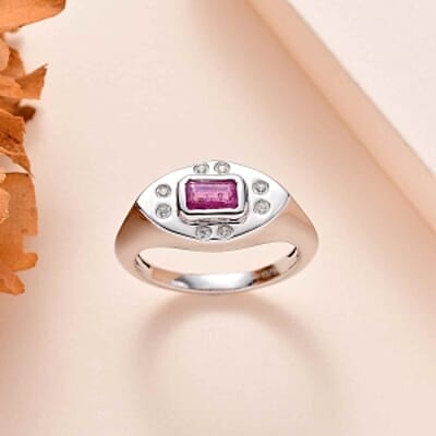 Ilakaka Hot Pink Sapphire (FF) and White Zircon 0.96 ctw Ring in Platinum Over Sterling Silver (Size 11.5)