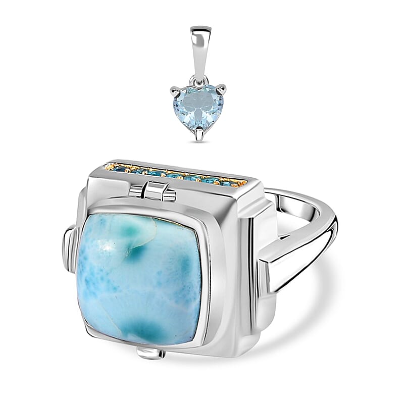 Larimar and Multi Gemstone 9.95 ctw Ring in Rhodium Over Sterling Silver (Size 6.5)