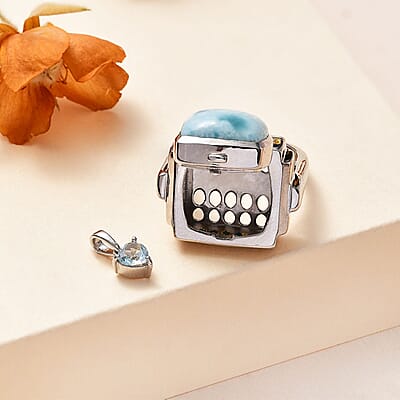 Larimar and Multi Gemstone 9.95 ctw Ring in Rhodium Over Sterling Silver (Size 6.5)