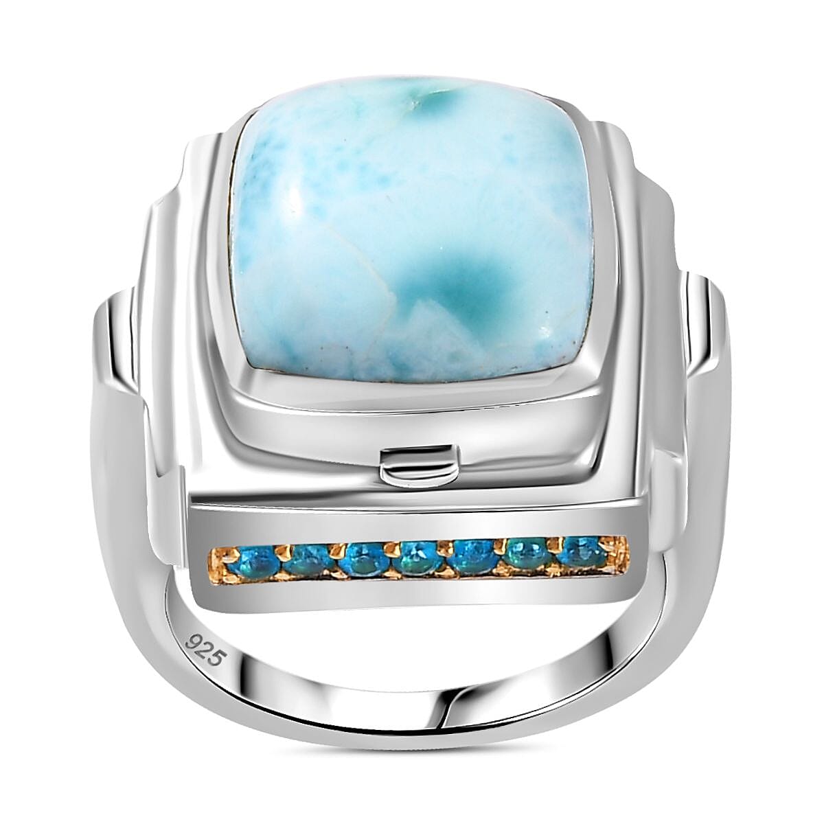 Larimar and Multi Gemstone 9.95 ctw Ring in Rhodium Over Sterling Silver (Size 6.5)