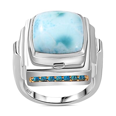 Larimar and Multi Gemstone 9.95 ctw Ring in Rhodium Over Sterling Silver (Size 6.5)
