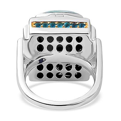 Larimar and Multi Gemstone 9.95 ctw Ring in Rhodium Over Sterling Silver (Size 6.5)