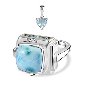 Larimar and Multi Gemstone 9.95 ctw Ring in Rhodium Over Sterling Silver (Size 10)