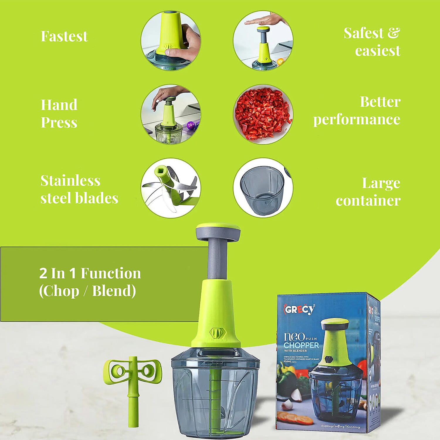 "set of 2 manual chopper Blender Food Processor Size: 5.2(L)x5.2(W)x9(H) Inches Capacity: 900 & 500 ml Colour: Green"
