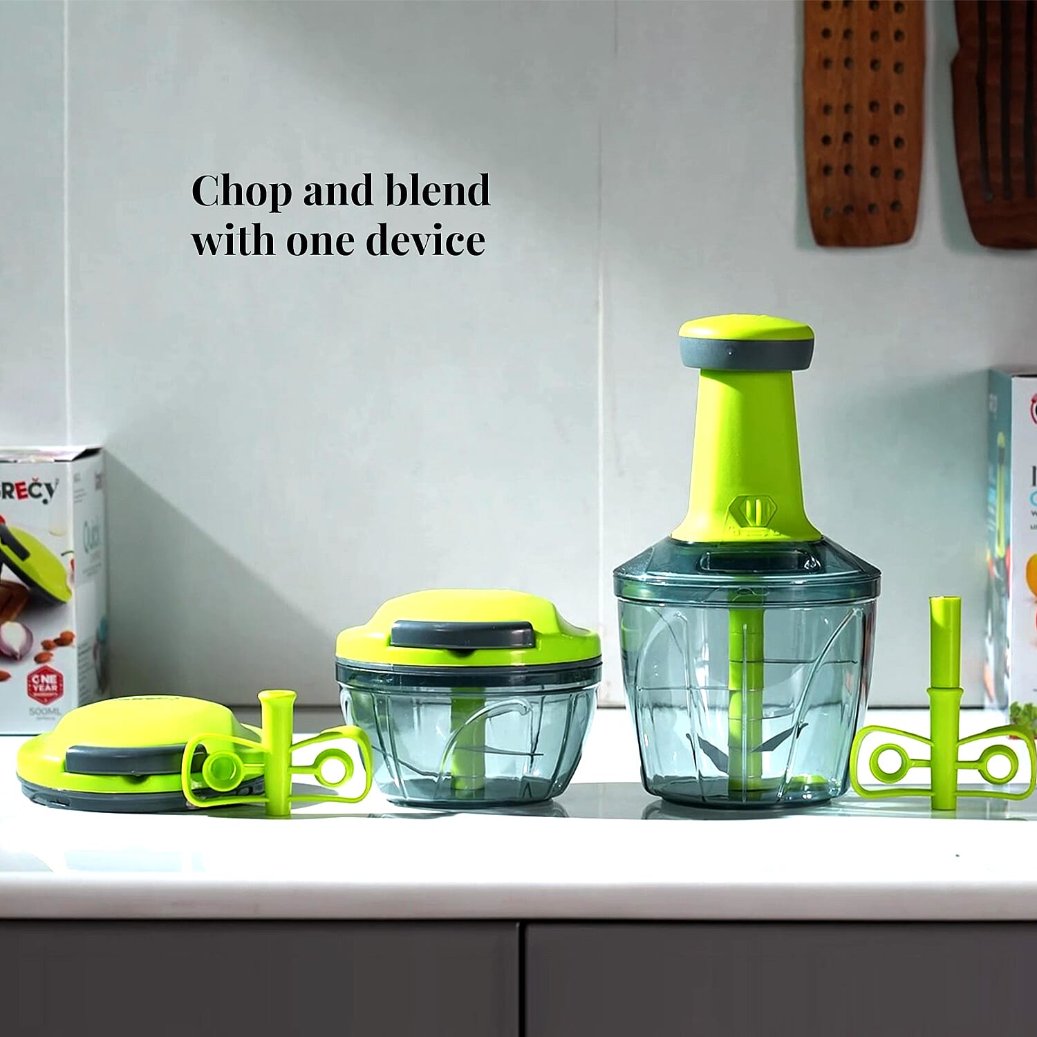 "set of 2 manual chopper Blender Food Processor Size: 5.2(L)x5.2(W)x9(H) Inches Capacity: 900 & 500 ml Colour: Green"