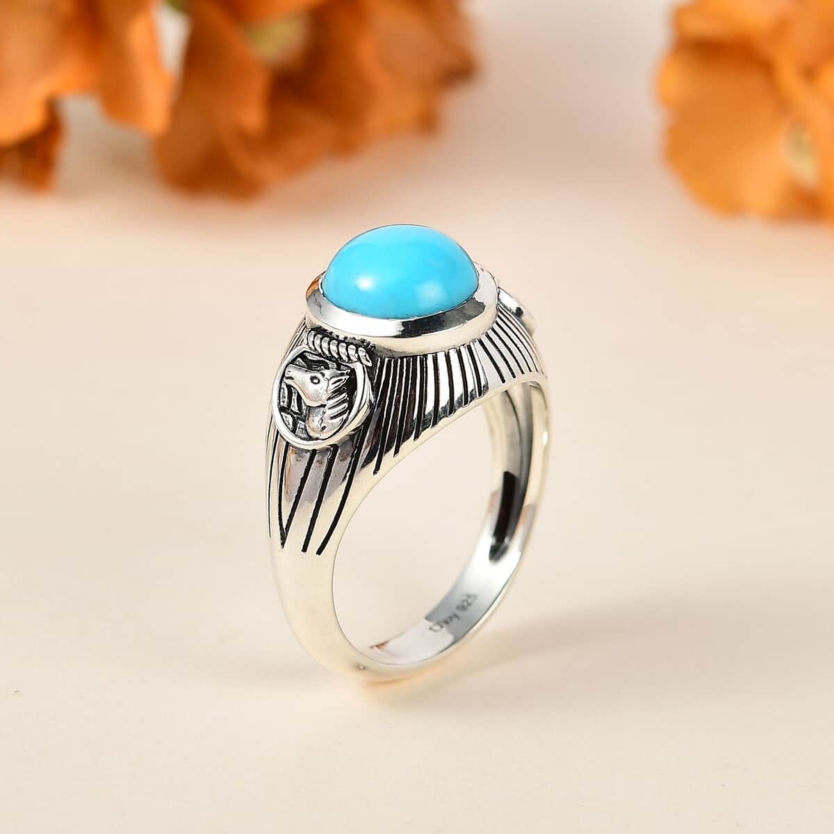 Artisan Crafted Premium Sleeping Beauty Turquoise Horse Head Men's Ring in Sterling Silver (Size 10.0) 3.50 ctw image number 1