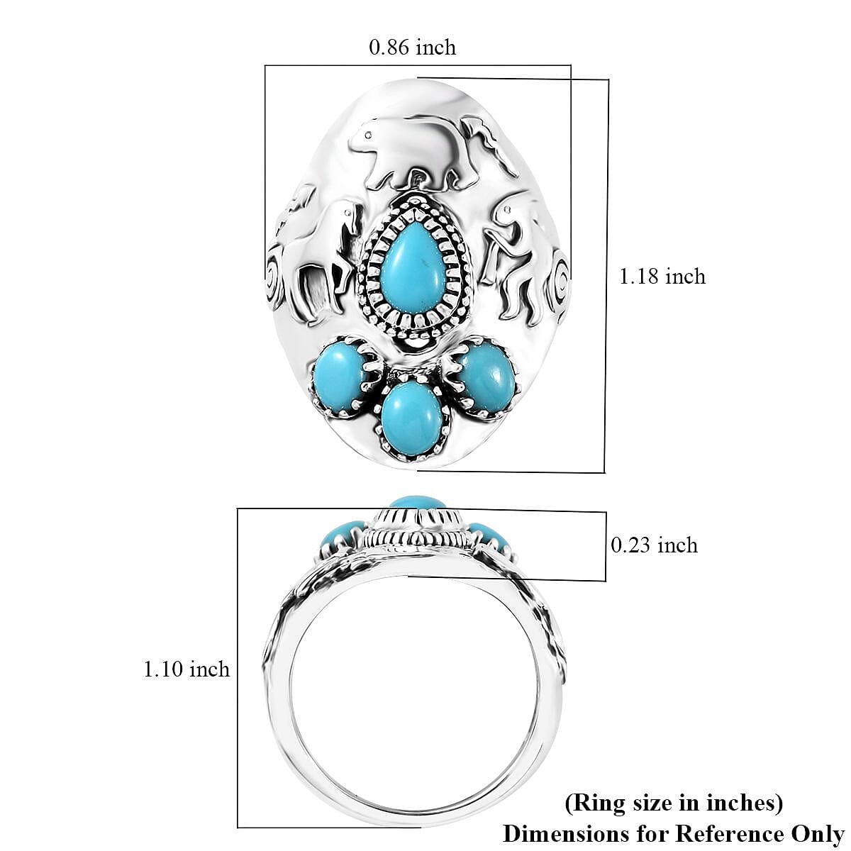 Artisan Crafted Premium Sleeping Beauty Turquoise Kokopelli, Bear and Horse Ring in Sterling Silver (Size 10.0) 1.65 ctw