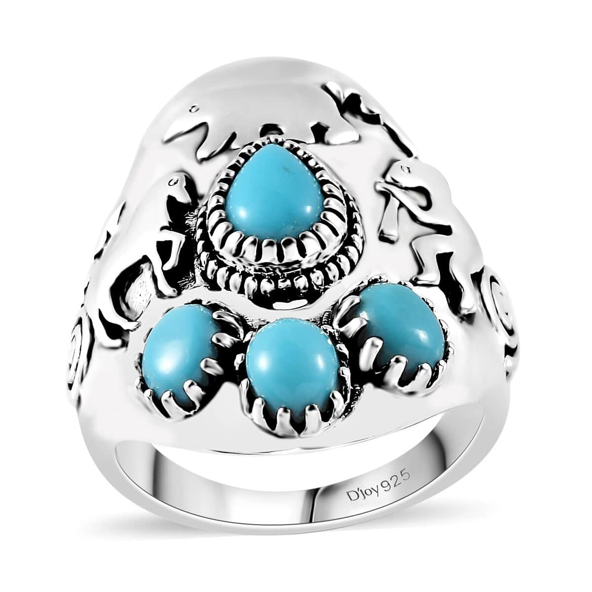 Artisan Crafted Premium Sleeping Beauty Turquoise Kokopelli, Bear and Horse Ring in Sterling Silver (Size 6.0) 1.65 ctw image number 0