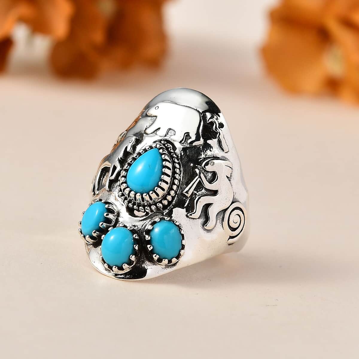 Artisan Crafted Premium Sleeping Beauty Turquoise Kokopelli, Bear and Horse Ring in Sterling Silver (Size 6.0) 1.65 ctw image number 1