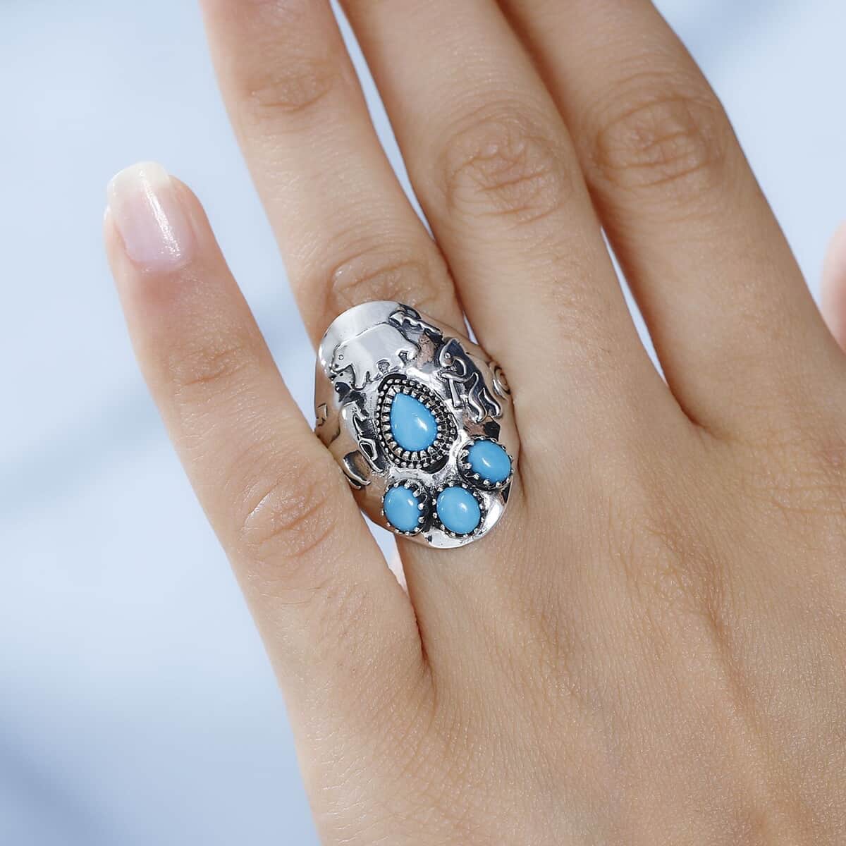 Artisan Crafted Premium Sleeping Beauty Turquoise Kokopelli, Bear and Horse Ring in Sterling Silver (Size 6.0) 1.65 ctw image number 2