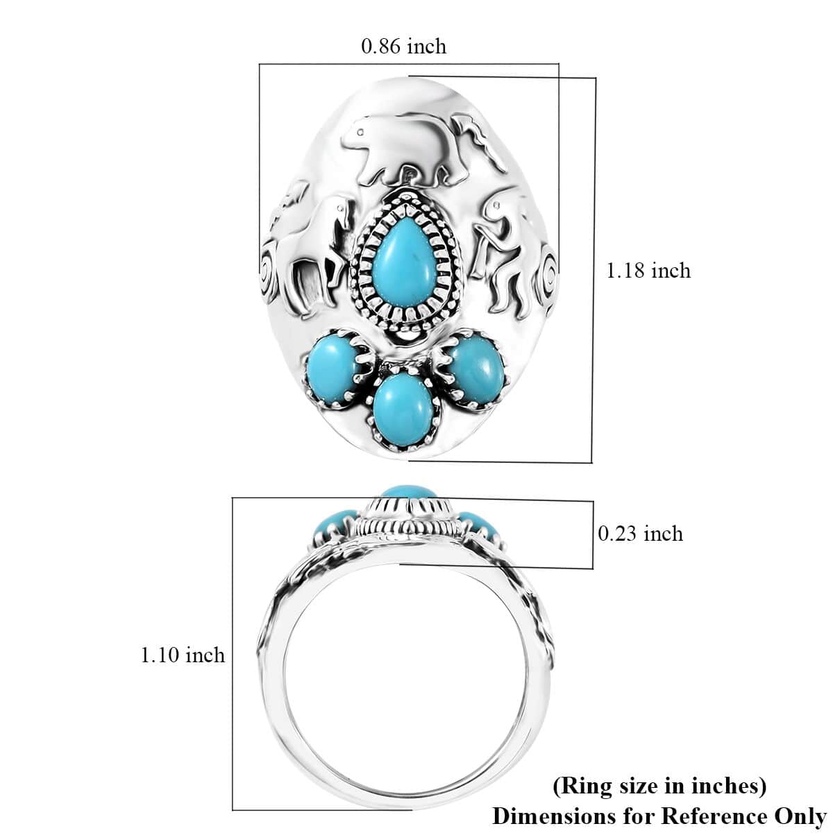 Artisan Crafted Premium Sleeping Beauty Turquoise Kokopelli, Bear and Horse Ring in Sterling Silver (Size 8.0) 1.65 ctw image number 5