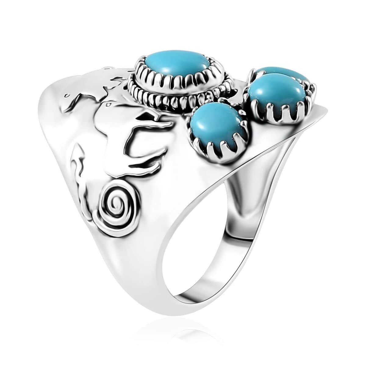 Artisan Crafted Premium Sleeping Beauty Turquoise Kokopelli, Bear and Horse Ring in Sterling Silver (Size 9.0) 1.65 ctw image number 3