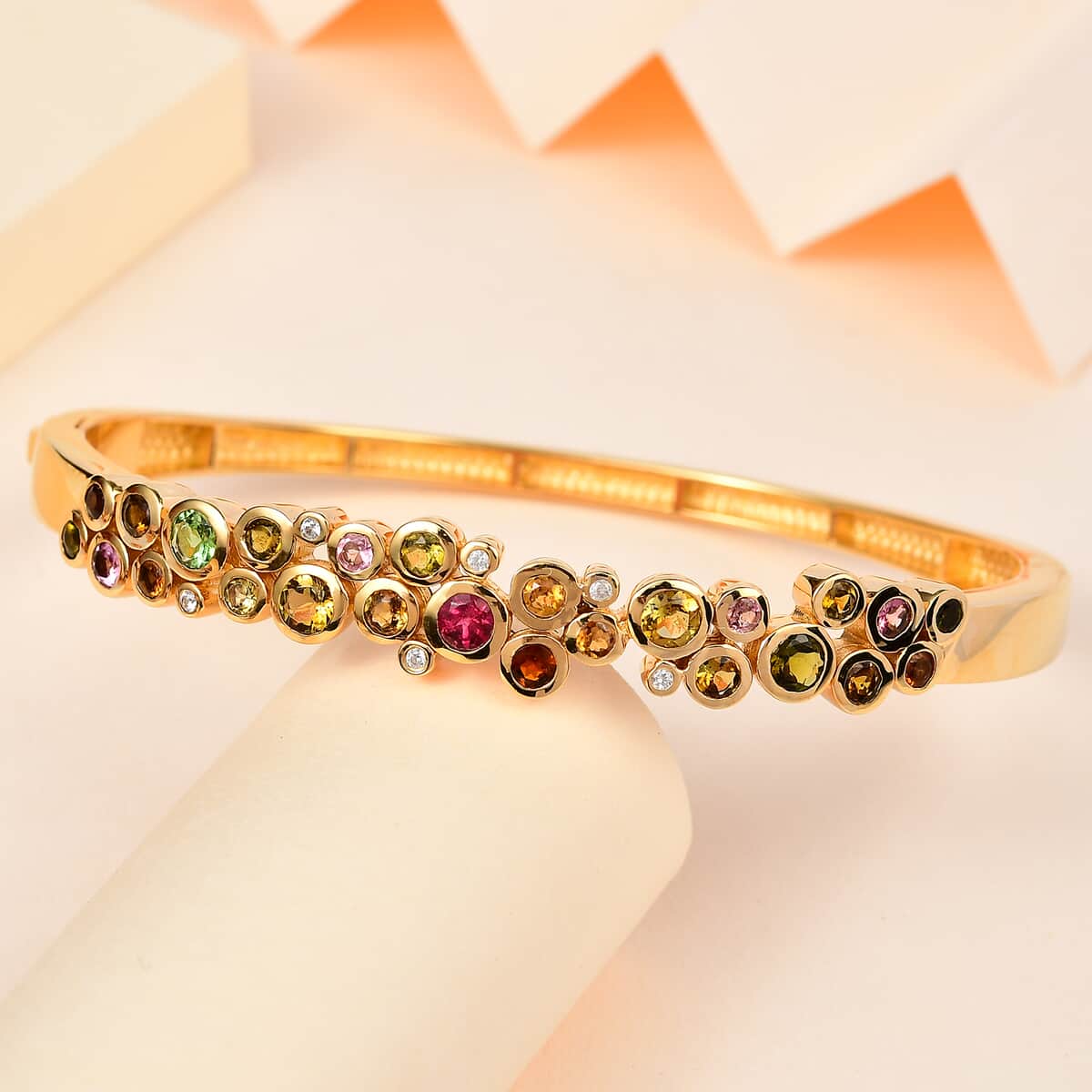 Multi-Tourmaline and White Zircon Bubble Bangle Bracelet in Vermeil Yellow Gold Over Sterling Silver (7.25 In) 3.40 ctw image number 1