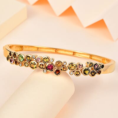 Multi-Tourmaline and White Zircon Bubble Bangle Bracelet in Vermeil Yellow Gold Over Sterling Silver (7.25 In) 3.40 ctw