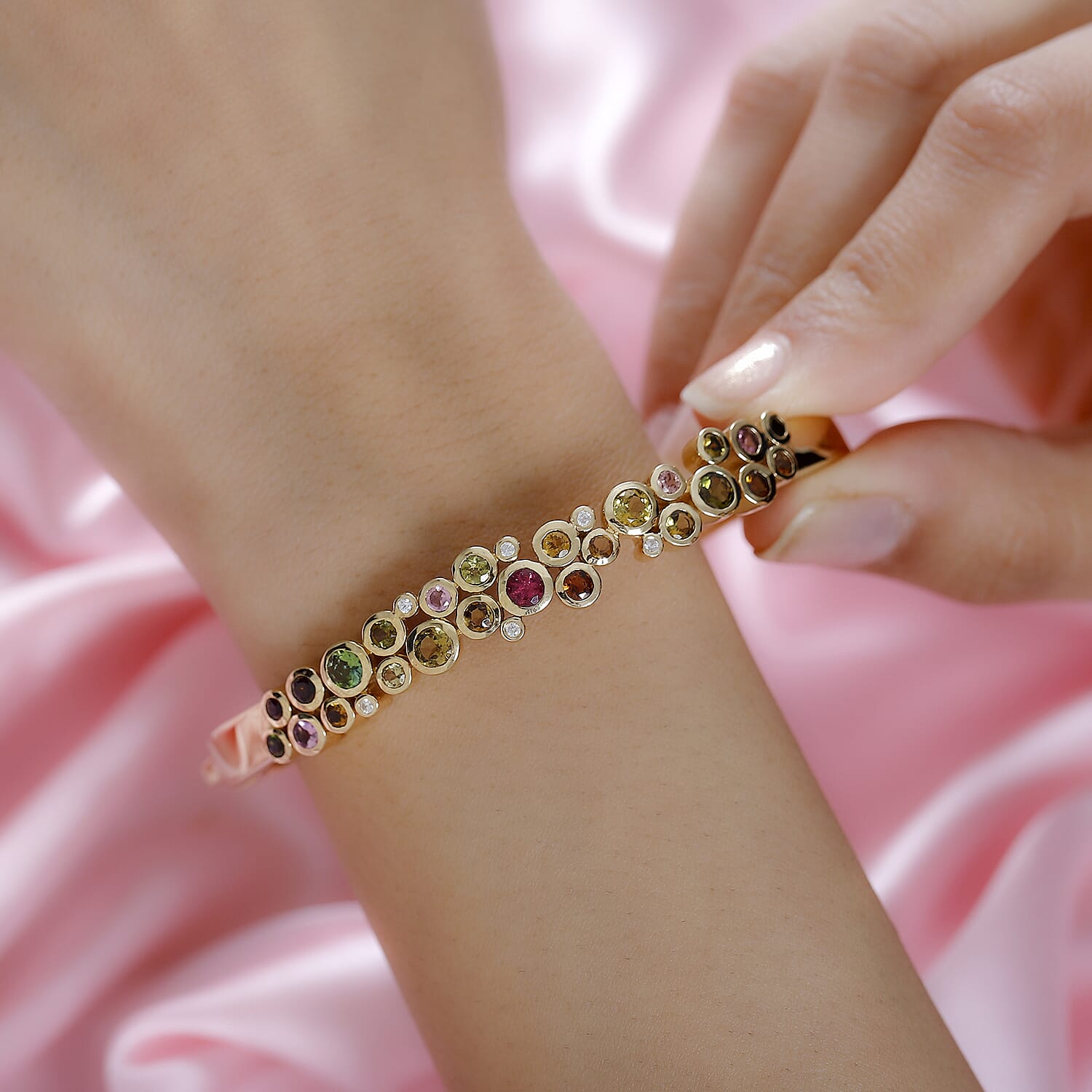 Multi-Tourmaline and White Zircon Bubble Bangle Bracelet in Vermeil Yellow Gold Over Sterling Silver (7.25 In) 3.40 ctw